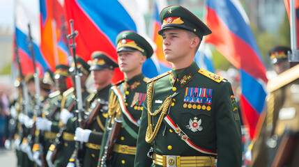 A military parade with flags and bands.


