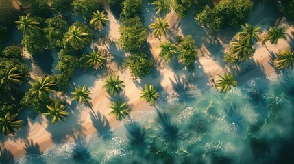 Sticker - Tropical landscape, few trees, much sand with little water, top-down aerial view. Generative AI.