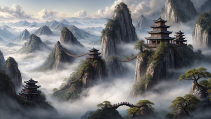 Wall Mural - impressional oil painting Chinese Landscape Majestic Mountains And Enchanting Fog