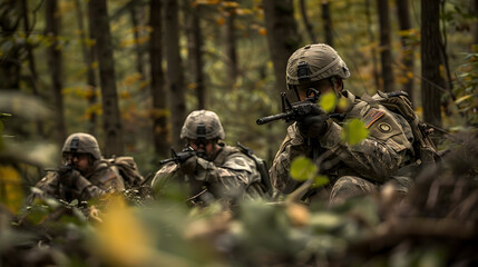 Wall Mural - Soldiers training in a dense forest setting.


