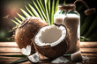 Coconut with palm leaf. Generative Ai