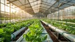 A modern greenhouse equipped with automated irrigation and climate control systems, showcasing the integration of technology in agriculture