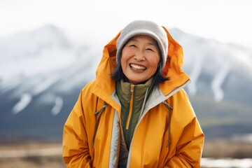 Wall Mural - Portrait of a joyful asian woman in her 80s wearing a functional windbreaker on snowy mountain range