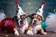 Adorable puppies. Pets in a triangular festive hats. Generative Ai.