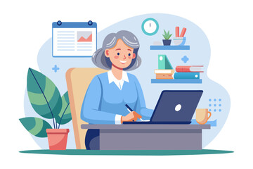 Mature woman therapist working on laptop sit at desk with papers prepare treatment plan check patient medical records make research and clinical guidelines reviewing data do administrative tasks