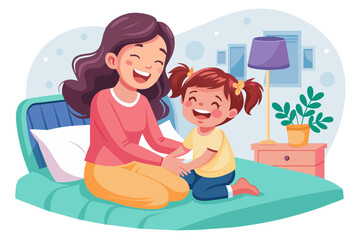 Wall Mural - Laughing young 30 mother tickling her little 5s preschooler daughter hugging tickling cuddling seated on cozy bed in the morning Happy motherhood weekend leisure at home sweets cherished moments