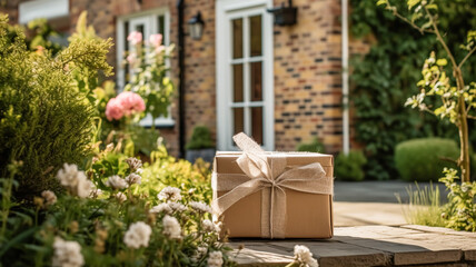 Wall Mural - Elegant gift shop delivery, postal service and luxury online shopping, parcel box with a bow on a house doorstep in the countryside, post-processed, generative ai