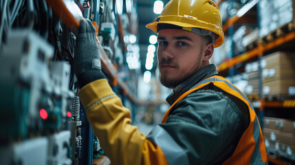 Aufkleber - Professional electrical contractor doing electrical works in the warehouse, holding wiring. Generative AI.