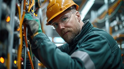 Fototapete - Professional electrical contractor doing wiring electrical in the factory. Generative AI.