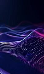 colorful abstract background with shiny neon purple and blue waves and surface with dots, technology and cyberspace background