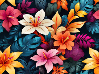 Colorful tropical flowers and leaves form a seamless pattern A colorful exotic jungle vector illustration background features floral elements