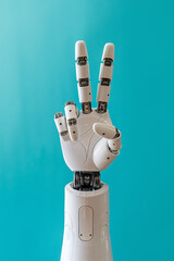 Wall Mural - White artificial intelligence robot hand showing peace sign on teal blue background