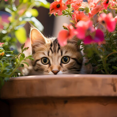 Wall Mural - A cat peeking out from behind a vibrant flowerpot.