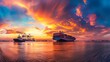 A panoramic shot of a container ship entering a harbor, guided by tugboats against the backdrop of a vibrant sunset sky
