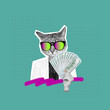Woman headed by cat head in sunglasses and white jacket holding a wad of hundred-dollar cash banknotes on green color background. Trendy collage in magazine style. 3d contemporary art. Modern design