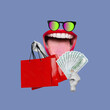 Woman's big mouth with tongue sticking out in sunglasses holding wad of hundred-dollar cash bills and shopping bags on a purple color background. Trendy collage. 3d contemporary art. Modern design