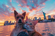 Dog and Cat Taking a Selfie at Sunset in New York City