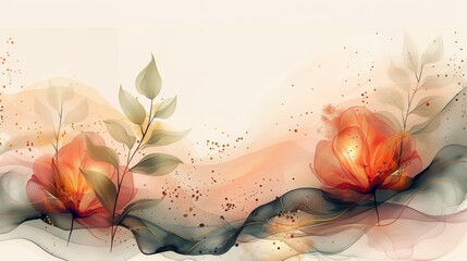 Wall Mural - Abstract art background vector. Luxury minimal style wallpaper with golden line art flower and botanical leaves. Organic shapes. Watercolor. Generative AI.