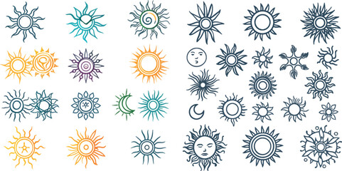 Poster - Abstract sun line icons. Vector suns symbols, summer sunshine outline illustrations