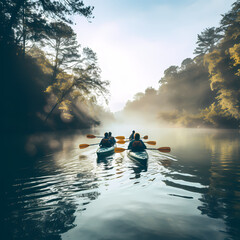 Wall Mural - A group of friends kayaking on a calm river.