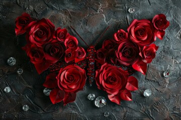 Wall Mural - Striking butterfly-shaped arrangement of red roses, newborn backdrop.