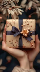 Sticker - A person is holding a present with a black ribbon and flower decoration in the palm of their hands. The background is blurry, with a few out of focus pink flowers in the top right corner.