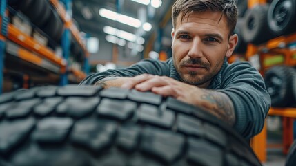 Poster - Professional mechanic and new car tyre at auto repair shop. Technician man at auto repair service center. Changing tire shop. Generative AI.