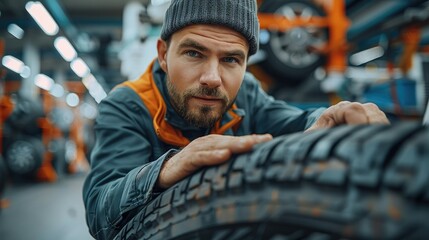 Poster - Professional mechanic and new car tyre at auto repair shop. Technician man at auto repair service center. Changing tire shop. Generative AI.