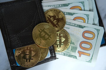 bitcoin wallet with golden crypto currency coin and usd dollars note 