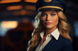 Portrait of Confident Female Airline Pilot in Uniform. Generative AI