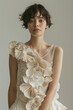 © Alexandra - Poised young woman with short hair showcases a sophisticated designer wedding dress with delicate floral details on a neutral backdrop, exuding elegance and modern bridal fashion