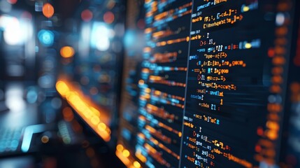 Leinwandbilder - Close-up of a computer monitor that shows lines of code in a dark environment. Generative AI.