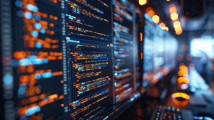 Leinwandbilder - Close-up of a computer monitor that shows lines of code in a dark environment. Generative AI.