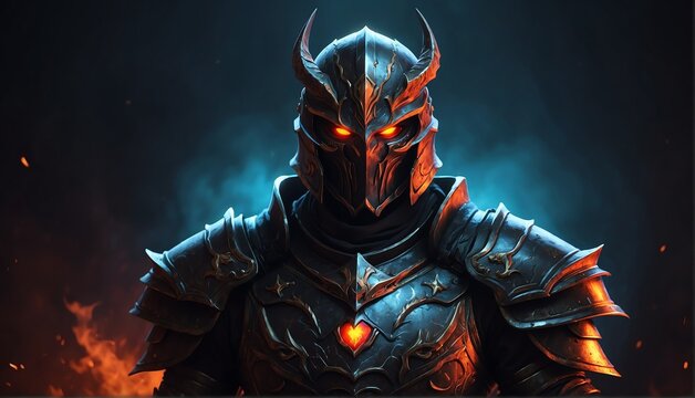 portrait of colorful theme evil dark warrior with glowing eyes and armor on fantasy dark background from Generative AI