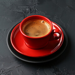 Coffee in red cup on dark background. Top view  space for text. Made with generative ai
