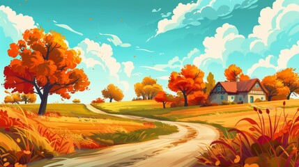 Wall Mural - Agricultural fields, orange trees and a road in the autumn countryside. Modern cartoon illustration of a rural landscape, country scene with farmlands, grass and trees.