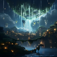 Poster - Floating islands with waterfalls of light.