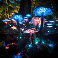 Poster - Garden of giant bioluminescent mushrooms. 