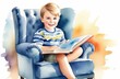 caucasian boy reading interesting book, watercolor illustration. storytelling, children education