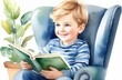 storytelling, children education. caucasian boy reading book in armchair, watercolor illustration