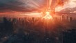 3D visualization of nuclear blast near decimated metropolis with apocalyptic atmosphere and mushroom cloud.