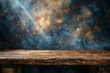 Dramatic sky with sparkling stars and cosmic dust set against a rustic, weathered wooden table