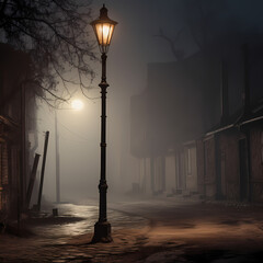 Canvas Print - Old-fashioned street lamp in a foggy alley.