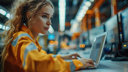Aufkleber - Professional uniformed female service technician sitting at a desk closely looking at her laptop computer screen in a large well lit warehouse. Generative AI.