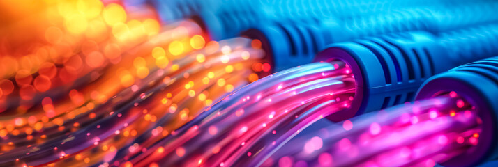 Close-up of colorful optical electrical wires wave, colorful wallpaper banner background