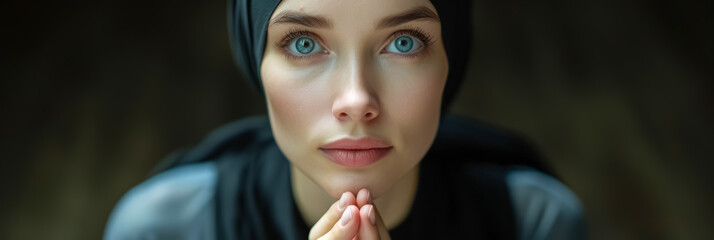 Wall Mural - beautiful young nun with blue eyes praying while looking up with open eyes in a dark room, religious concept, lot of copy space