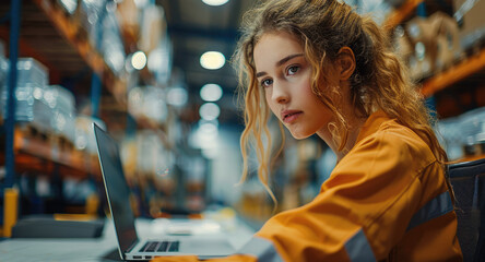 Aufkleber - Professional uniformed female service technician sitting at a desk closely looking at her laptop computer screen in a large well lit warehouse. Generative AI.