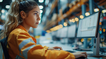 Aufkleber - Professional uniformed female service technician sitting at a desk closely looking at her laptop computer screen in a large well lit warehouse. Generative AI.
