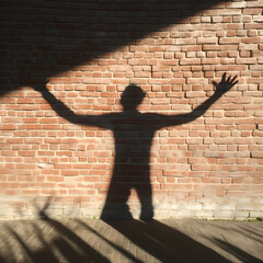 Canvas Print - Shadows of a person stretching against a brick wall