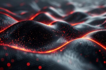 Wall Mural - futuristic digital landscape with flowing red lines and particles over dark background concept of da